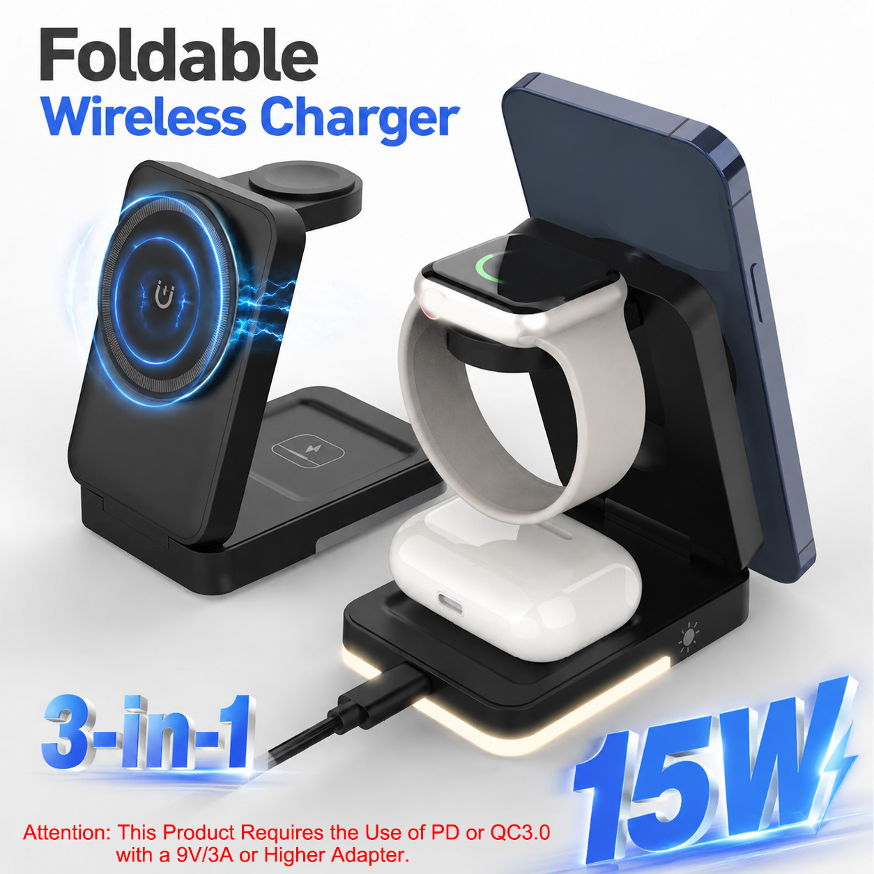 Wireless Charger Watch - 3-in-1 Faltbares Kabelloses Ladegerät 15W Magnetisches
