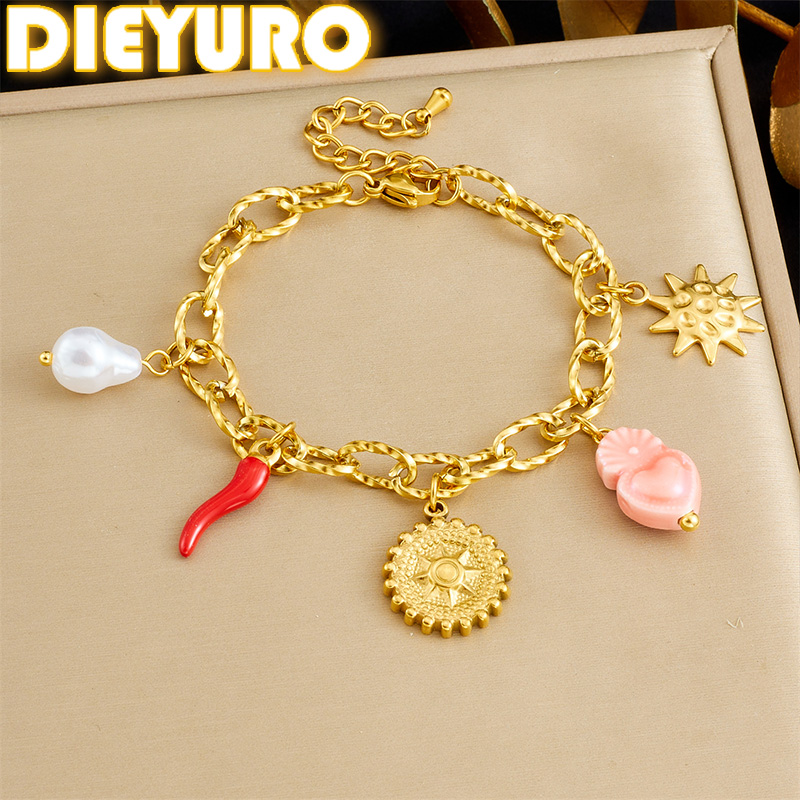 Ceramic Link Bracelet - DIEYURO 316L Edelstahl Goldene Runde Sonne
